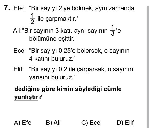 6. Sınıf Matematik 2016 İOKBS Bursluluk Sınavı 7. Soru görseli