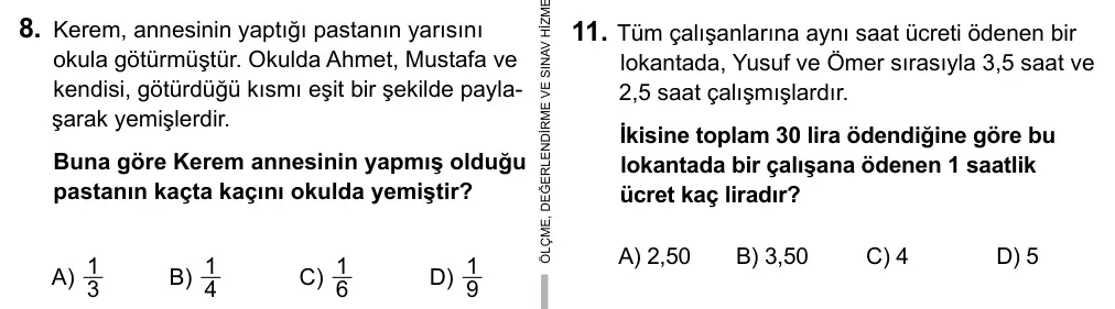 6. Sınıf Matematik 2016 İOKBS Bursluluk Sınavı 8. Soru görseli