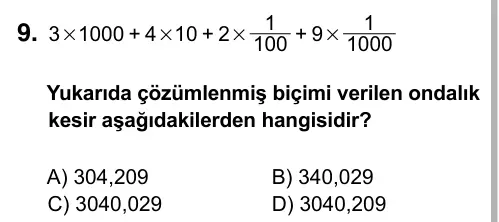 6. Sınıf Matematik 2016 İOKBS Bursluluk Sınavı 9. Soru görseli