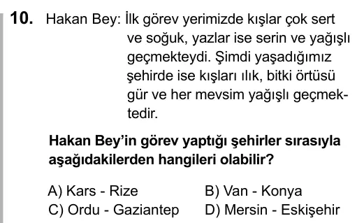 6. Sınıf Sosyal Bilgiler 2016 İOKBS Bursluluk Sınavı 10. Soru görseli