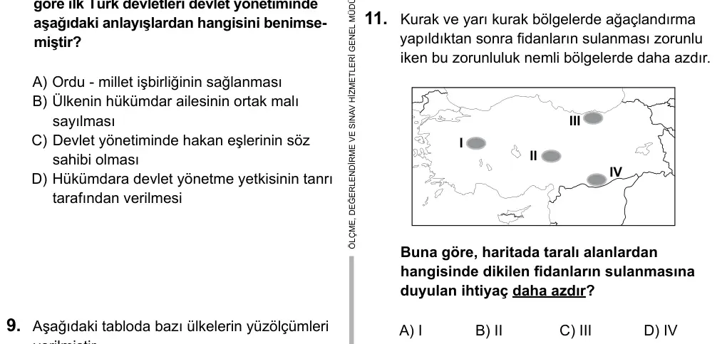 6. Sınıf Sosyal Bilgiler 2016 İOKBS Bursluluk Sınavı 11. Soru görseli