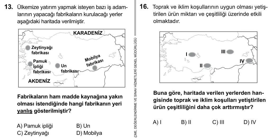 6. Sınıf Sosyal Bilgiler 2016 İOKBS Bursluluk Sınavı 13. Soru görseli