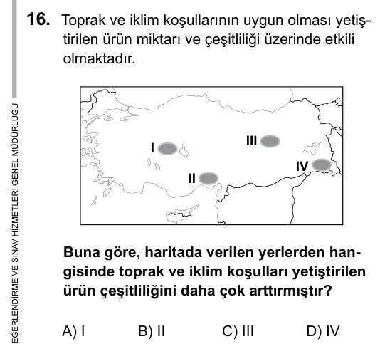 6. Sınıf Sosyal Bilgiler 2016 İOKBS Bursluluk Sınavı 16. Soru görseli