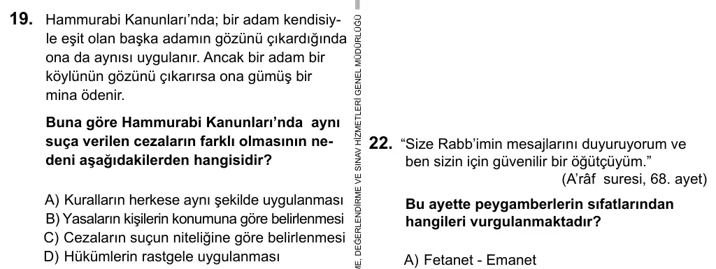 6. Sınıf Sosyal Bilgiler 2016 İOKBS Bursluluk Sınavı 19. Soru görseli