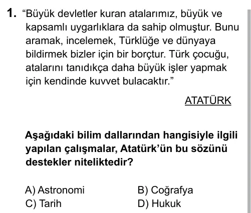 6. Sınıf Sosyal Bilgiler 2016 İOKBS Bursluluk Sınavı 1. Soru görseli