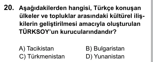 6. Sınıf Sosyal Bilgiler 2016 İOKBS Bursluluk Sınavı 20. Soru görseli (1/2)