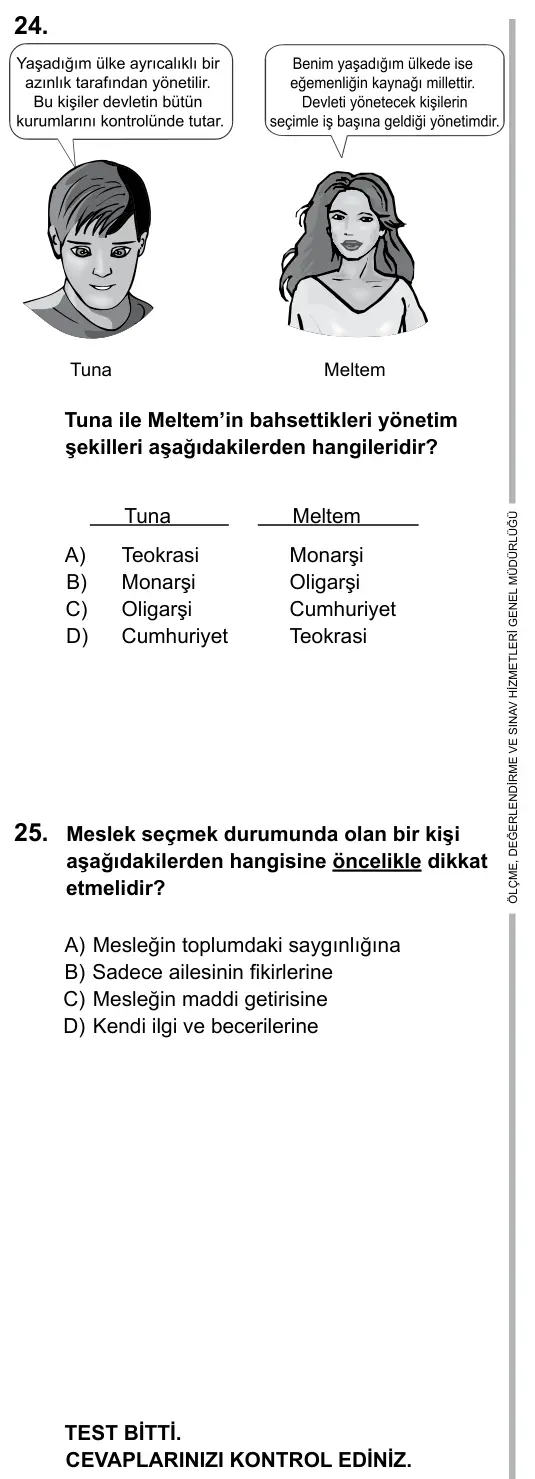 6. Sınıf Sosyal Bilgiler 2016 İOKBS Bursluluk Sınavı 25. Soru görseli (2/3)