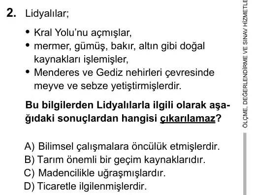 6. Sınıf Sosyal Bilgiler 2016 İOKBS Bursluluk Sınavı 2. Soru görseli