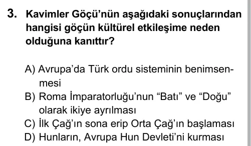 6. Sınıf Sosyal Bilgiler 2016 İOKBS Bursluluk Sınavı 3. Soru görseli