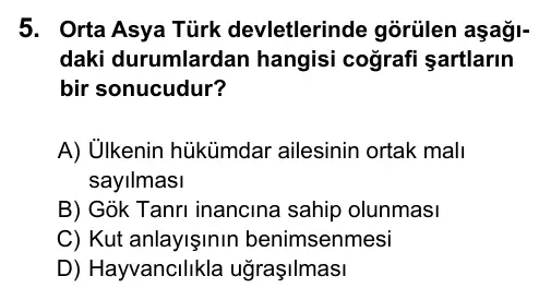 6. Sınıf Sosyal Bilgiler 2016 İOKBS Bursluluk Sınavı 5. Soru görseli