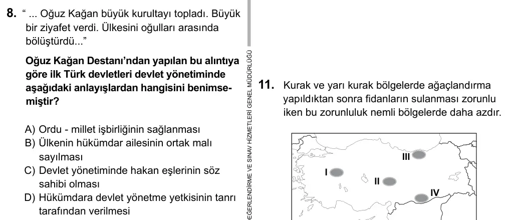 6. Sınıf Sosyal Bilgiler 2016 İOKBS Bursluluk Sınavı 8. Soru görseli