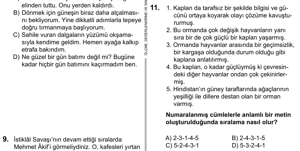 6. Sınıf Türkçe 2016 İOKBS Bursluluk Sınavı 11. Soru görseli