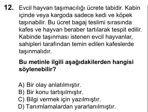 6. Sınıf Türkçe 2016 İOKBS Bursluluk Sınavı 12. Soru görseli