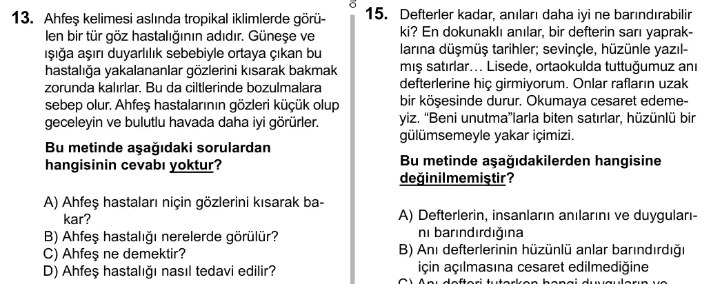 6. Sınıf Türkçe 2016 İOKBS Bursluluk Sınavı 13. Soru görseli