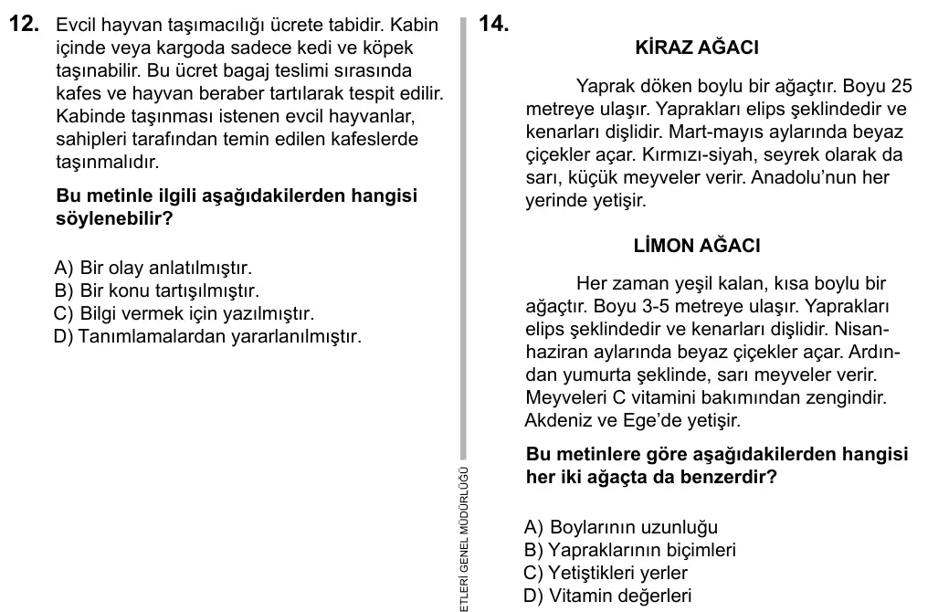 6. Sınıf Türkçe 2016 İOKBS Bursluluk Sınavı 14. Soru görseli