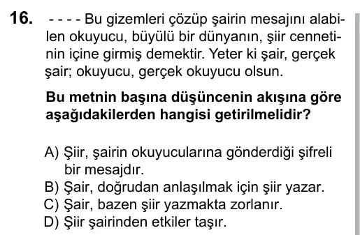 6. Sınıf Türkçe 2016 İOKBS Bursluluk Sınavı 16. Soru görseli