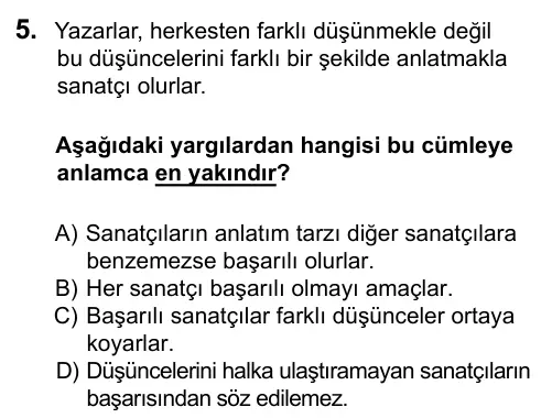 6. Sınıf Türkçe 2016 İOKBS Bursluluk Sınavı 5. Soru görseli