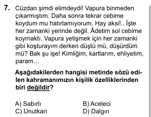 6. Sınıf Türkçe 2016 İOKBS Bursluluk Sınavı 7. Soru görseli