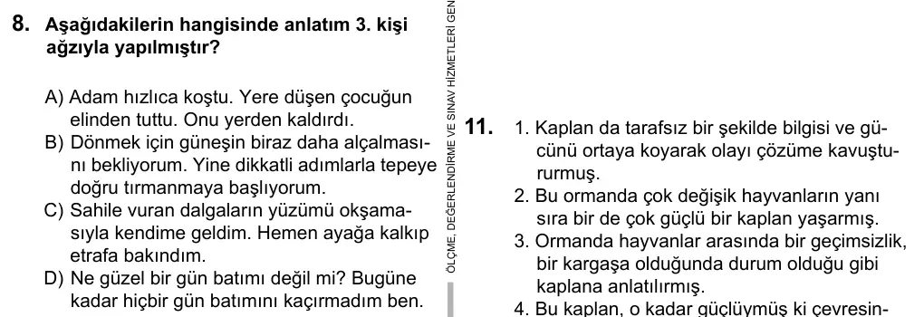 6. Sınıf Türkçe 2016 İOKBS Bursluluk Sınavı 8. Soru görseli