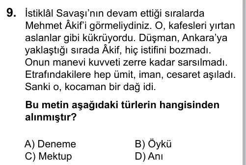 6. Sınıf Türkçe 2016 İOKBS Bursluluk Sınavı 9. Soru görseli