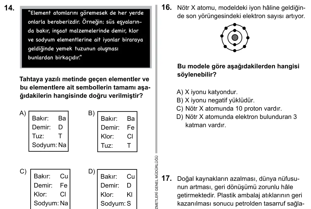 7. Sınıf Fen Bilimleri 2016 İOKBS Bursluluk Sınavı 14. Soru görseli