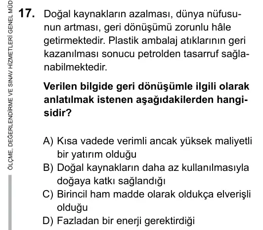 7. Sınıf Fen Bilimleri 2016 İOKBS Bursluluk Sınavı 17. Soru görseli