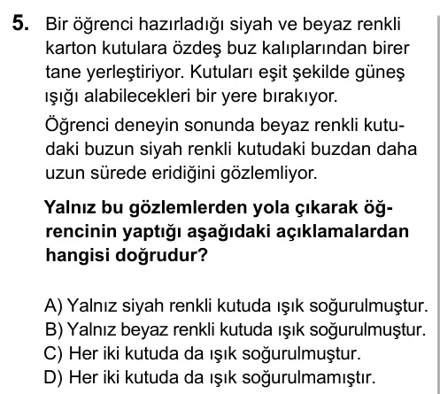 7. Sınıf Fen Bilimleri 2016 İOKBS Bursluluk Sınavı 5. Soru görseli