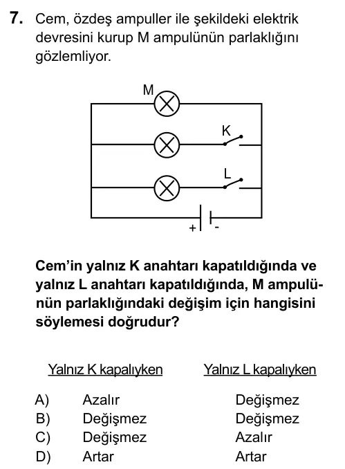 7. Sınıf Fen Bilimleri 2016 İOKBS Bursluluk Sınavı 7. Soru görseli