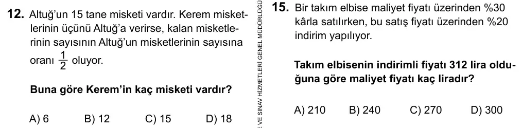7. Sınıf Matematik 2016 İOKBS Bursluluk Sınavı 12. Soru görseli