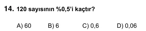 7. Sınıf Matematik 2016 İOKBS Bursluluk Sınavı 14. Soru görseli