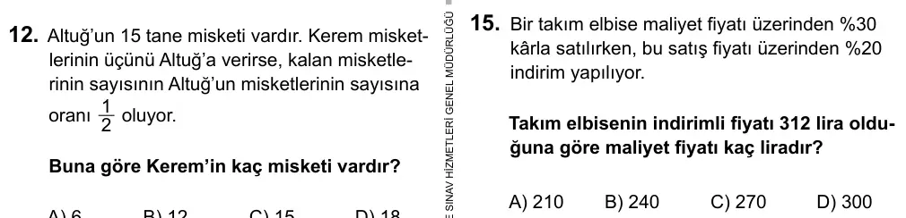 7. Sınıf Matematik 2016 İOKBS Bursluluk Sınavı 15. Soru görseli