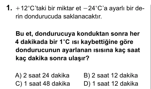 7. Sınıf Matematik 2016 İOKBS Bursluluk Sınavı 1. Soru görseli