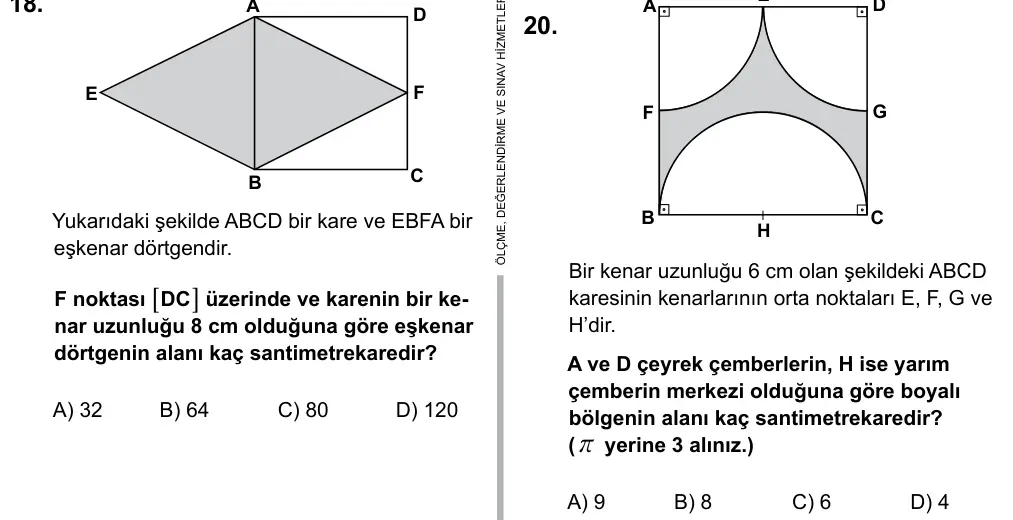 7. Sınıf Matematik 2016 İOKBS Bursluluk Sınavı 20. Soru görseli