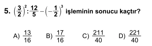 7. Sınıf Matematik 2016 İOKBS Bursluluk Sınavı 5. Soru görseli