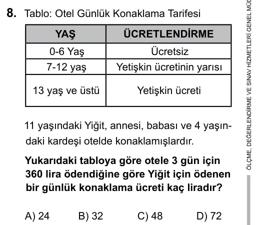 7. Sınıf Matematik 2016 İOKBS Bursluluk Sınavı 8. Soru görseli
