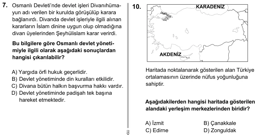 7. Sınıf Sosyal Bilgiler 2016 İOKBS Bursluluk Sınavı 10. Soru görseli