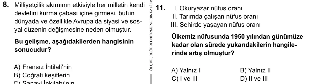 7. Sınıf Sosyal Bilgiler 2016 İOKBS Bursluluk Sınavı 11. Soru görseli
