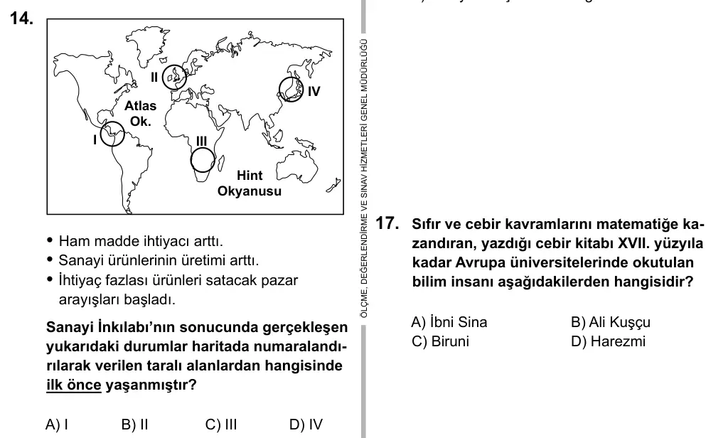 7. Sınıf Sosyal Bilgiler 2016 İOKBS Bursluluk Sınavı 14. Soru görseli