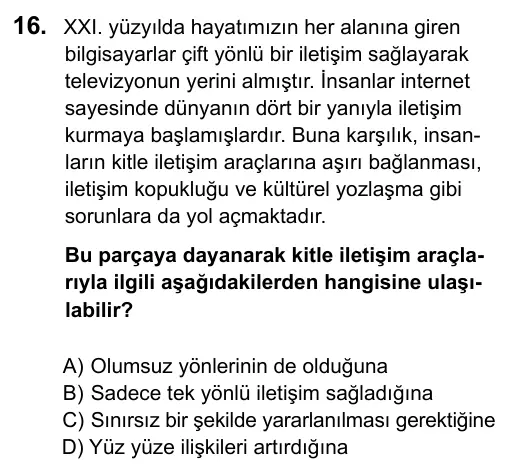 7. Sınıf Sosyal Bilgiler 2016 İOKBS Bursluluk Sınavı 16. Soru görseli