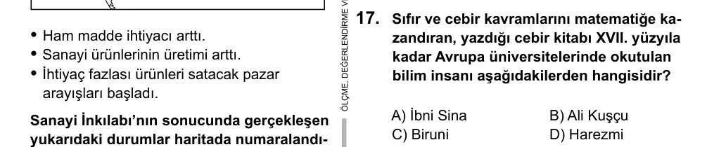 7. Sınıf Sosyal Bilgiler 2016 İOKBS Bursluluk Sınavı 17. Soru görseli