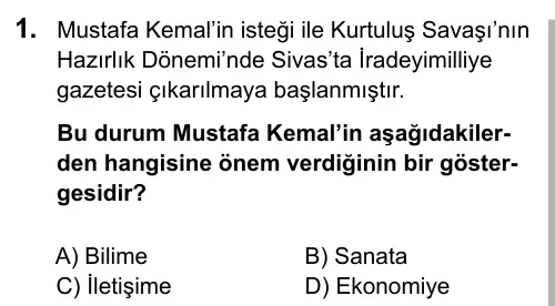 7. Sınıf Sosyal Bilgiler 2016 İOKBS Bursluluk Sınavı 1. Soru görseli