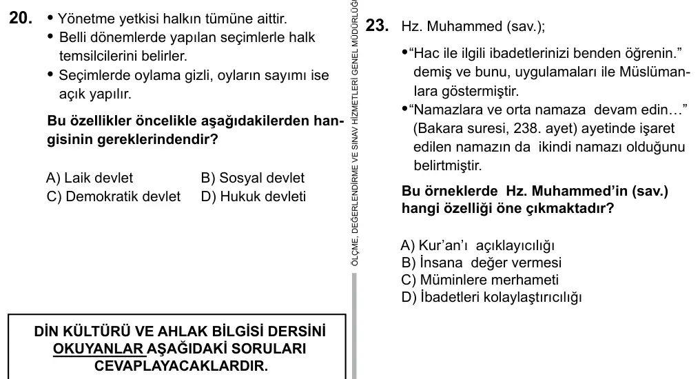 7. Sınıf Sosyal Bilgiler 2016 İOKBS Bursluluk Sınavı 20. Soru görseli