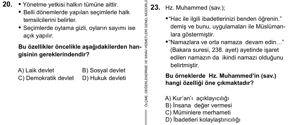 7. Sınıf Sosyal Bilgiler 2016 İOKBS Bursluluk Sınavı 23. Soru görseli