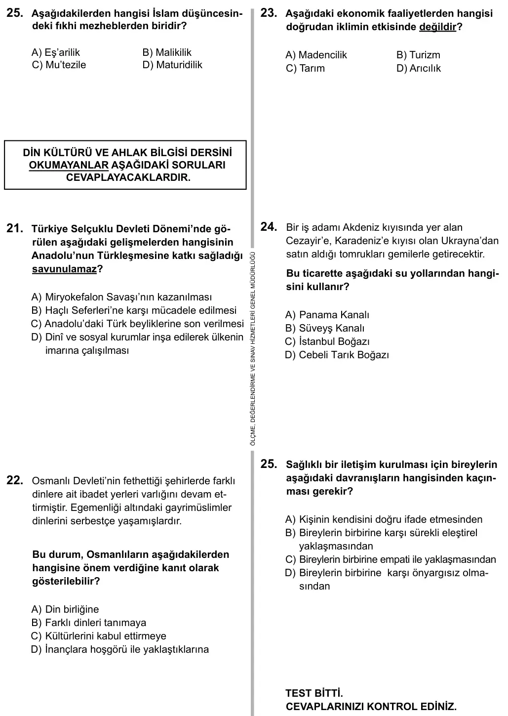7. Sınıf Sosyal Bilgiler 2016 İOKBS Bursluluk Sınavı 25. Soru görseli (1/2)