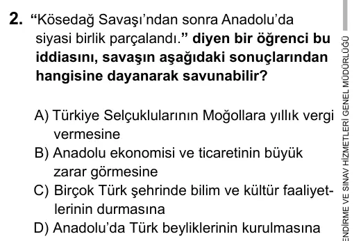 7. Sınıf Sosyal Bilgiler 2016 İOKBS Bursluluk Sınavı 2. Soru görseli
