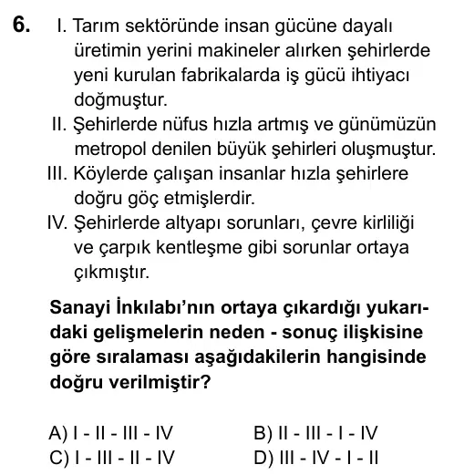 7. Sınıf Sosyal Bilgiler 2016 İOKBS Bursluluk Sınavı 6. Soru görseli