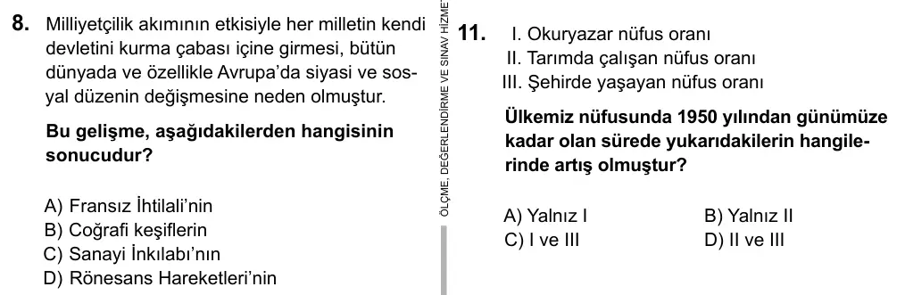 7. Sınıf Sosyal Bilgiler 2016 İOKBS Bursluluk Sınavı 8. Soru görseli