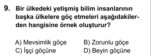 7. Sınıf Sosyal Bilgiler 2016 İOKBS Bursluluk Sınavı 9. Soru görseli
