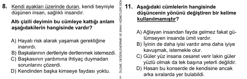 7. Sınıf Türkçe 2016 İOKBS Bursluluk Sınavı 11. Soru görseli