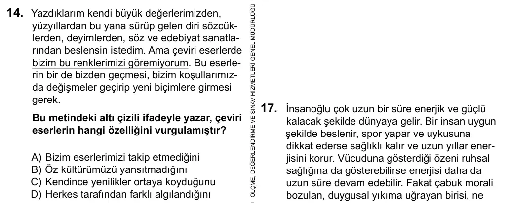 7. Sınıf Türkçe 2016 İOKBS Bursluluk Sınavı 14. Soru görseli